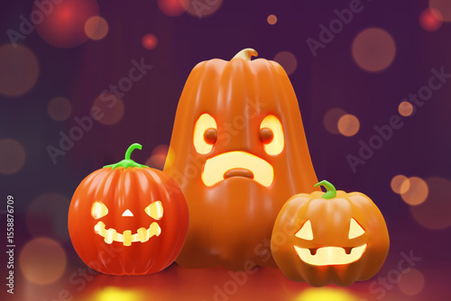 3D illustration of three glowing Halloween pumpkins with carved faces, placed against a dark purple background with bokeh lights. Perfect for Halloween cards, posters, social media, and festive ads.
