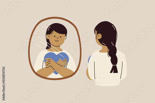 Illustration of Woman Embracing Herself in Mirror