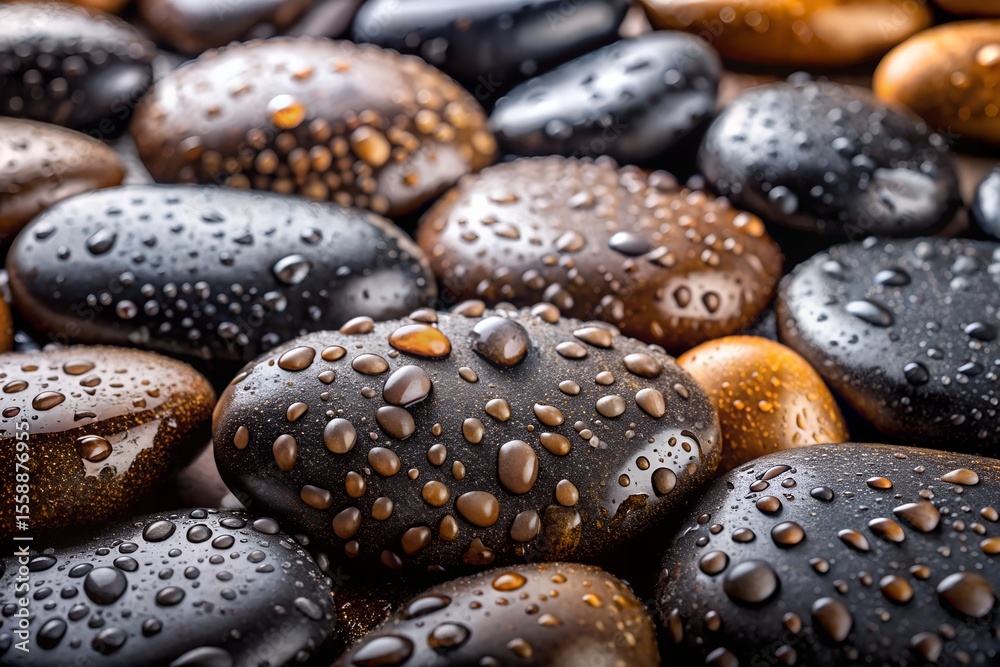 Close-up of wet black and brown stones, water droplets, spa texture Close-up of wet black and brown stones, water droplets, spa texture