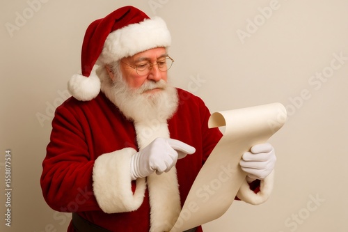 Santa Claus checking a lengthy Christmas wish list, carefully reading each name while preparing for the festive season's magic