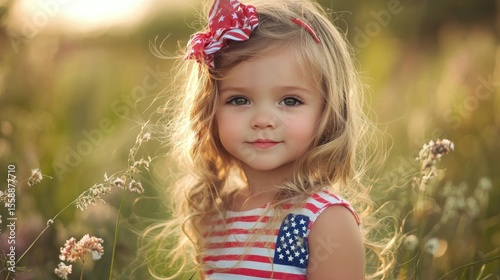 A young girl with blonde hair wearing a red and white striped dress with a red bow in a field of tall grass and wildflowers.