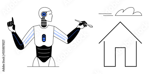 Futuristic robot holding a stylus, creating a house and cloud design. Ideal for technology, AI creativity, futuristic art, robotics, digital design, innovation, simple flat metaphor