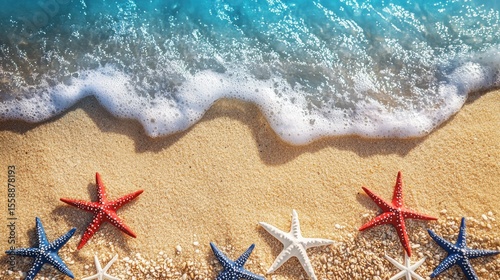 A colorful beach scene with starfish and waves on a sandy shore.
