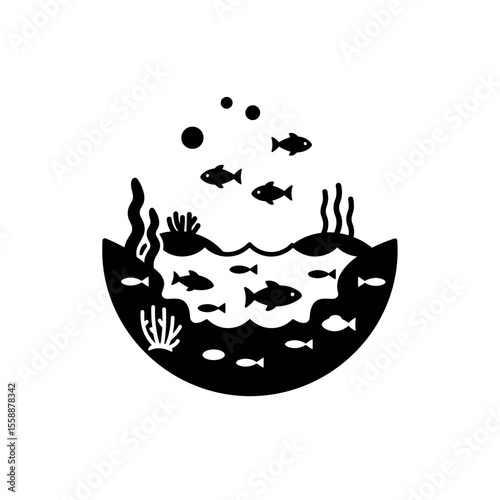 Stylized underwater scene with fish and vegetation silhouette