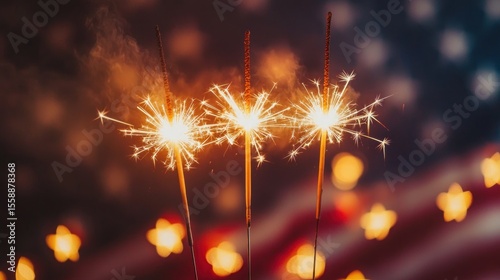 Three sparklers against a blurred American flag background with stars and lights.