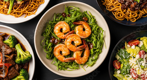 Overhead shot of several bowls of Asian cuisine: shrimp salad, noodles, beef broccoli, and a side salad.  Showcase of diverse dishes, ideal for restaurant menus or food blogs