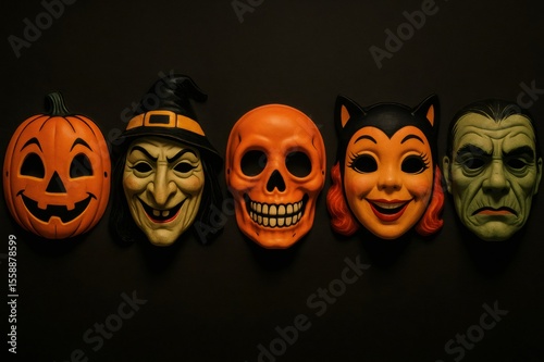 Five Halloween masks hanging on a black background, including a pumpkin, a witch, a skull, a black cat and Frankenstein