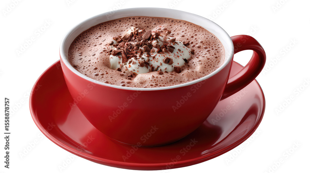 Obraz premium Red Mug of Hot Chocolate: Indulge in the rich warmth of a steaming cup of hot chocolate, topped with whipped cream and chocolate shavings, served in a cozy red mug.