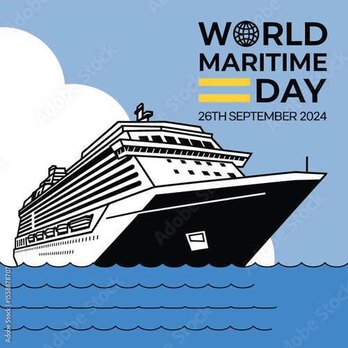 Modern Flat Vector Poster of World Maritime Day with Ship and Sea Elements