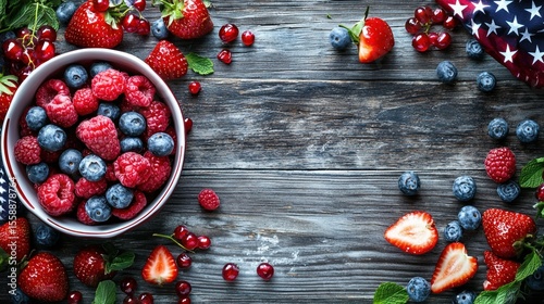 A bowl of fresh berries on a rustic wooden table with an American flag in the background.