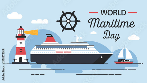 Modern Flat Vector Poster of World Maritime Day with Ship and Sea Elements