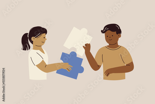 Illustration of Children Solving Problem with Puzzle Pieces