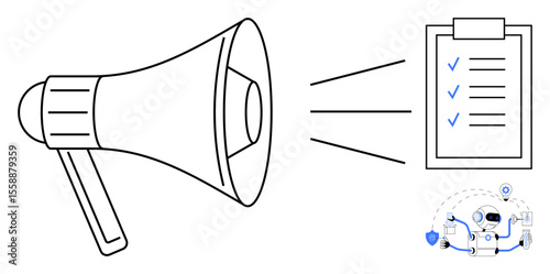 Megaphone creating sound waves toward a checklist with marked tasks and a robotic assistant representing AI interaction. Ideal for communication, announcement, productivity, AI, automation, teamwork