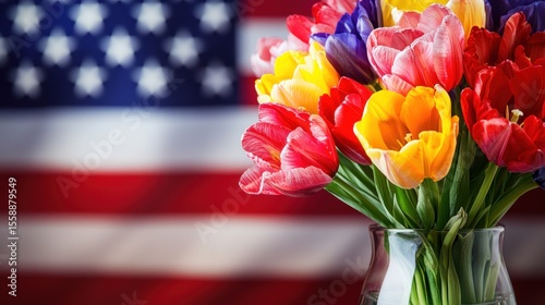 A colorful bouquet of tulips in front of an American flag.