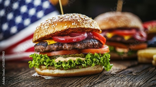 Two delicious burgers with sesame seeds on a wooden table with an American flag in the background.