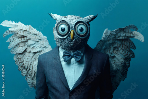 Surreal portrait of a businessman wearing a suit with a big owl mask and wings on a vibrant teal background, symbolizing wisdom, mystery, and financial acumen