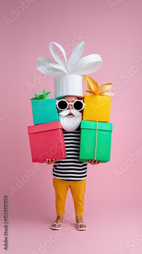 Joyful Child in Paper Chef Hat with Gifts on Pink Background