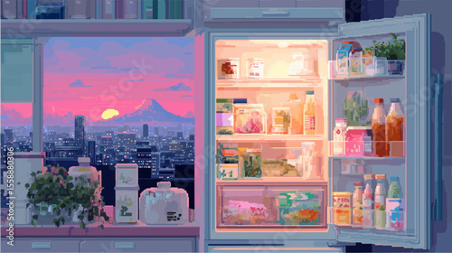 Pixel Art Seamless Wallpaper of a Refrigerator with Surreal Parallel Worlds on Each Shelf Glowing with Pastel and Neon Tones
