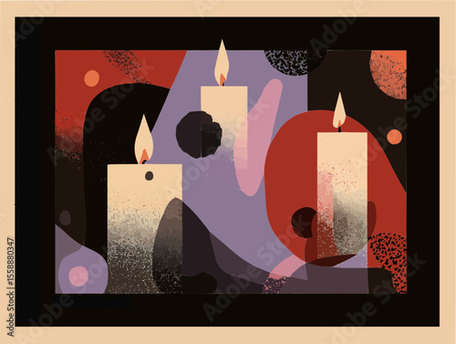 Memphis Style Tribute Poster with Abstract Broken Shapes Forming a Heart and Candle Silhouettes under In Remembrance Typography