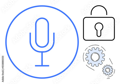 Microphone in a circle next to a lock and gears symbolizing voice recognition, data security, automation, and technology. Ideal for cybersecurity, efficiency, communication, speech tools, tech