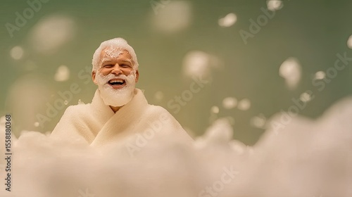 Joyful Elderly Man in Foam Bath