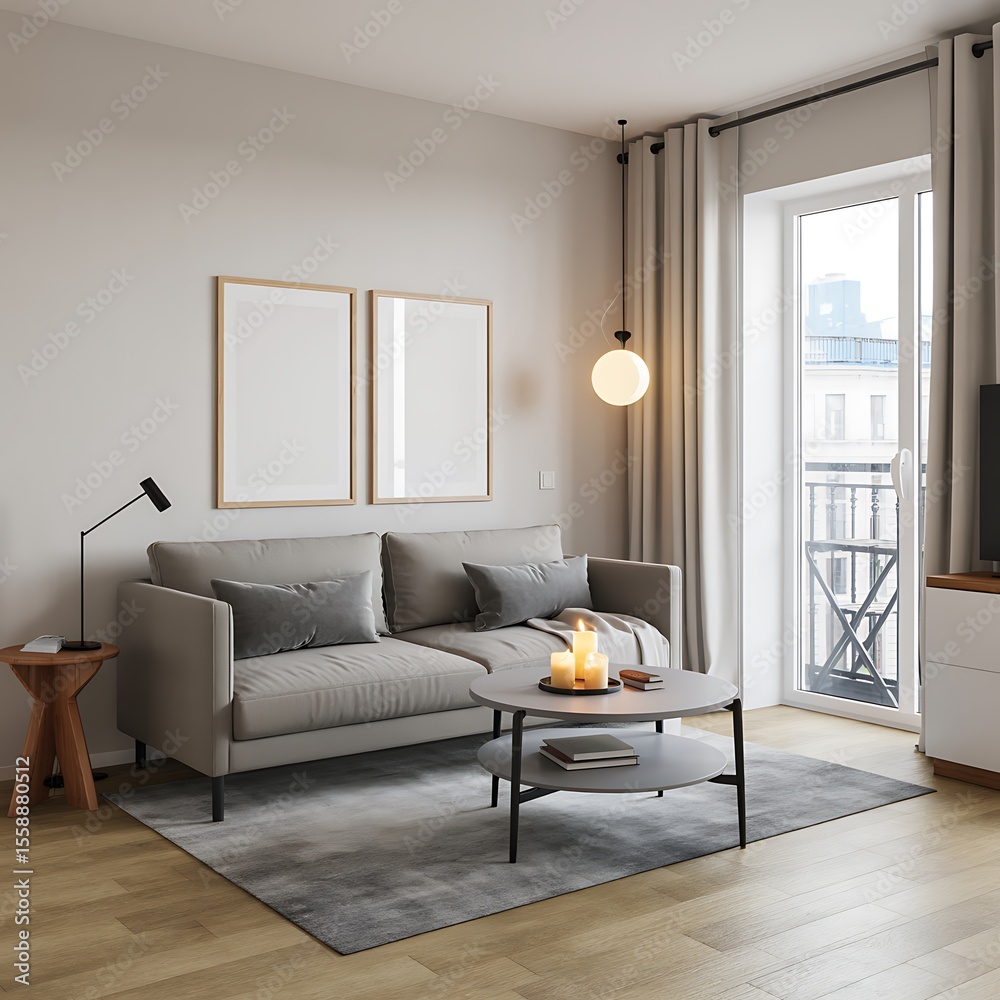 Fototapeta premium Modern Living Room Interior with Gray Sofa Coffee Table and Candles