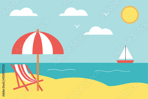 A vibrant flat design illustration of a serene beach scene with a striped deck chair and umbrella under a sunny sky with clouds and a sailboat on the ocean isolated on transparent background