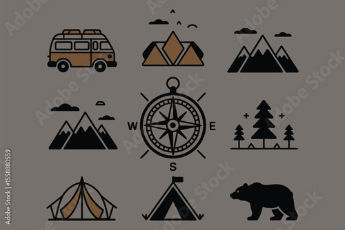 Vector set of camping and outdoor adventure icons including tents, campfire, bear, axe, binoculars, and signposts perfect for t-shirts and stickers

