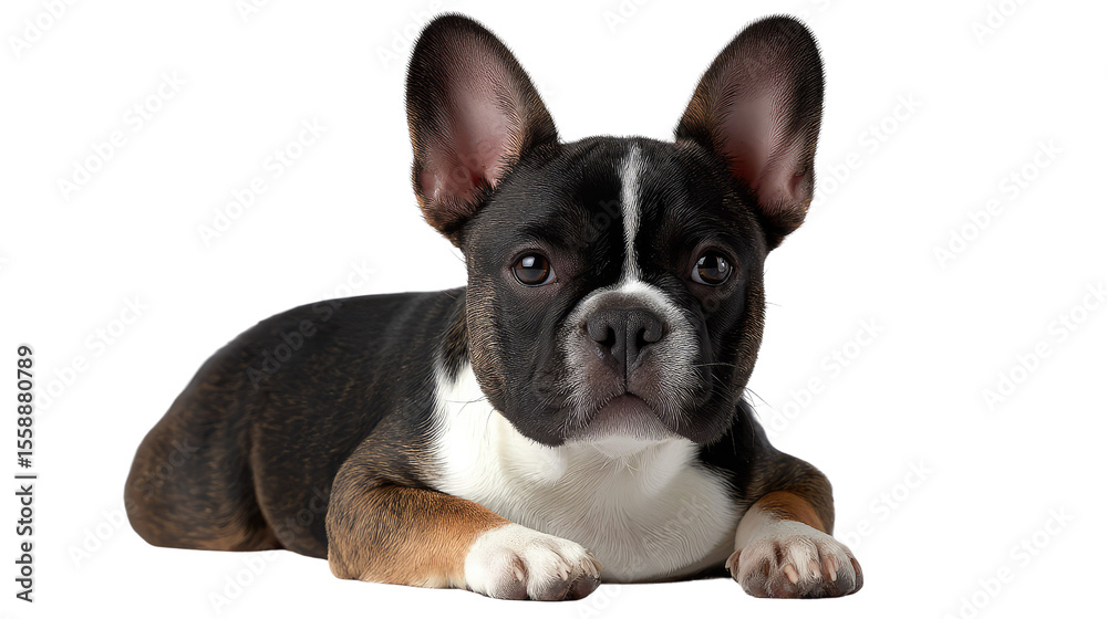 Fototapeta premium Adorable Boston Terrier Resting: A charming and adorable Boston Terrier dog lies peacefully, radiating a sweet and endearing aura, as if ready to steal your heart.