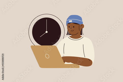 Man Working on Laptop with Time Management Illustration