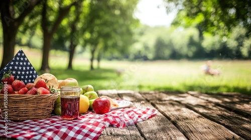 A picnic basket filled with fresh fruits and a sandwich on a wooden table in a park.