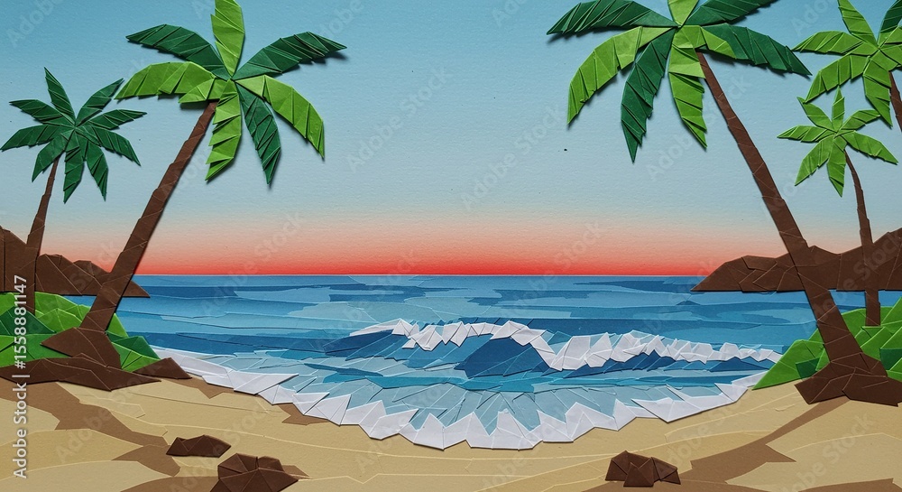Fototapeta premium Beach scene with palm trees created from cut paper.