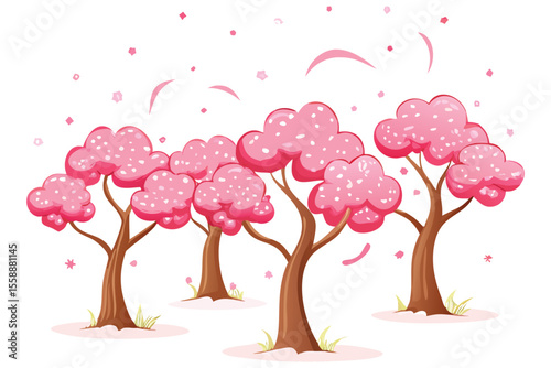 Beautiful illustration of cherry blossom trees with falling petals in a serene and peaceful setting