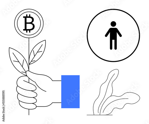 Hand holding leafy plant with cryptocurrency token and human symbol beside sprouting leaves. Ideal for finance, growth, investment, sustainability, innovation, economy, environment concepts. Simple