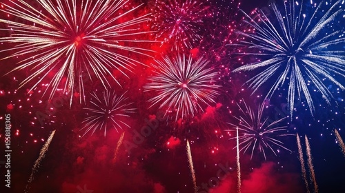 A vibrant fireworks display against a dark sky, featuring red, blue, and white colors with a festive atmosphere.