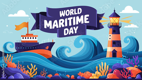 Modern Flat Vector Poster of World Maritime Day with Ship and Sea Elements