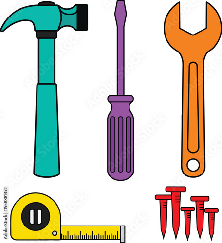 Set of flat vector DIY tools – hammer, screwdriver, wrench, measuring tape, nails – modern and colorful design, no shadows