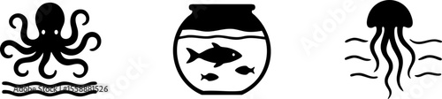 Black and white icons of an octopus, fishbowl with two fish, and a jellyfish in a minimalistic style.