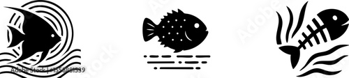 Three stylized black fish icons with distinct patterns, each accompanied by wavy lines symbolizing water movement.