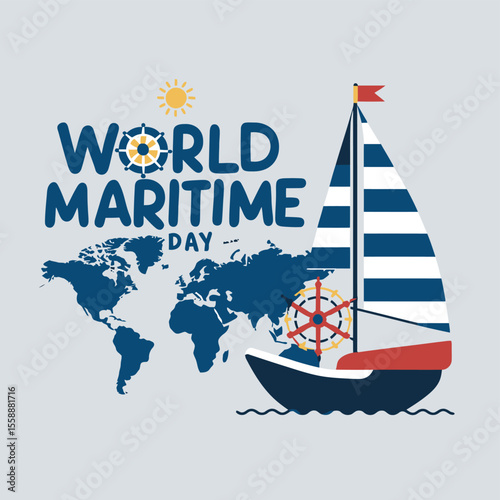 Modern Flat Vector Poster of World Maritime Day with Ship and Sea Elements