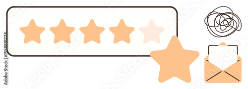 Five stars, one partially faded, represent feedback and rating. Nearby are a tangled scribble and an envelope for communication. Ideal for review, service quality, user response, communication