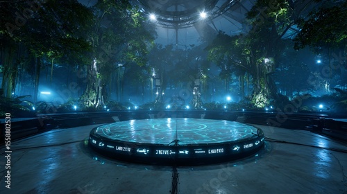 Fototapeta Naklejka Na Ścianę i Meble -  Cybernetic jungle gaming podium with bioluminescent data vines. Copy space. Generative AI