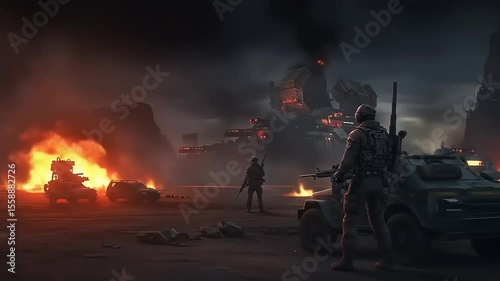 Futuristic battlefield scene with soldiers and vehicles amidst explosions and smoke in a desolate landscape