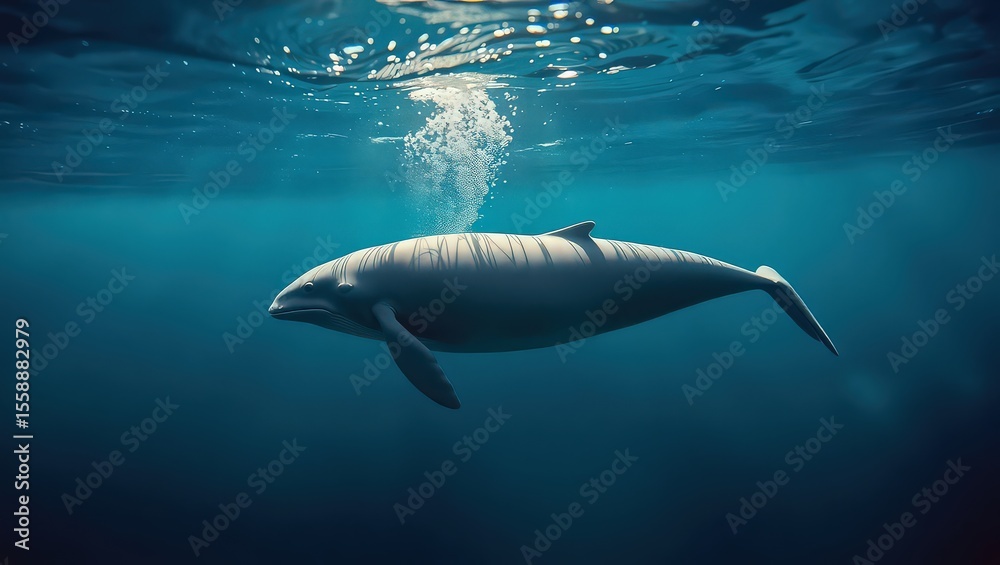 Fototapeta premium Newborn Whale Calf: Graceful Underwater Swim.
