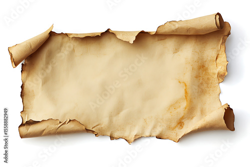 An old parchment scroll with torn edges lies on a white surface, perfect for a vintage map, pirate treasure instructions, or historical document design.