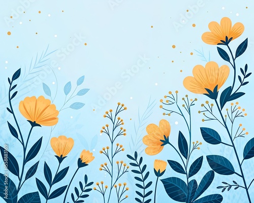 Beautiful spring flowers and greenery creating a vibrant garden landscape against a light blue background