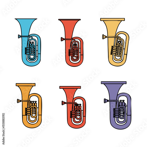 Flat Design Various Colors Tuba Musical Instrument Collection Illustration Set
