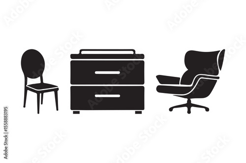 Minimalist black silhouette of office furniture including chairs and a filing cabinet