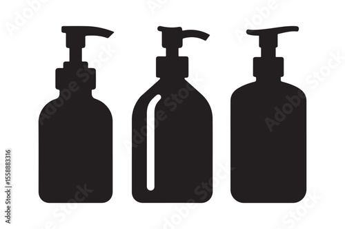 Three black silhouettes of pump bottles on a white background
