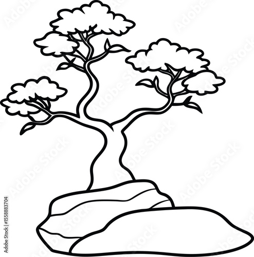 Stylized Bonsai Tree Rock Illustration